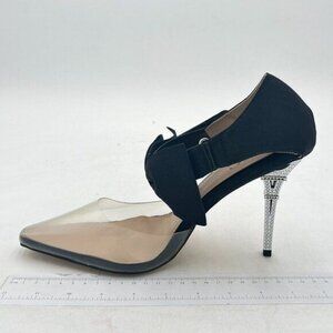Black Pointed Toe High Heels Ankle Strap Bow Clear Pumps D'Orsay Shoe Dress Wear